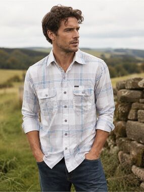 Barbour White and Light Blue Plaid Long-Sleeve Button-Down Shirt